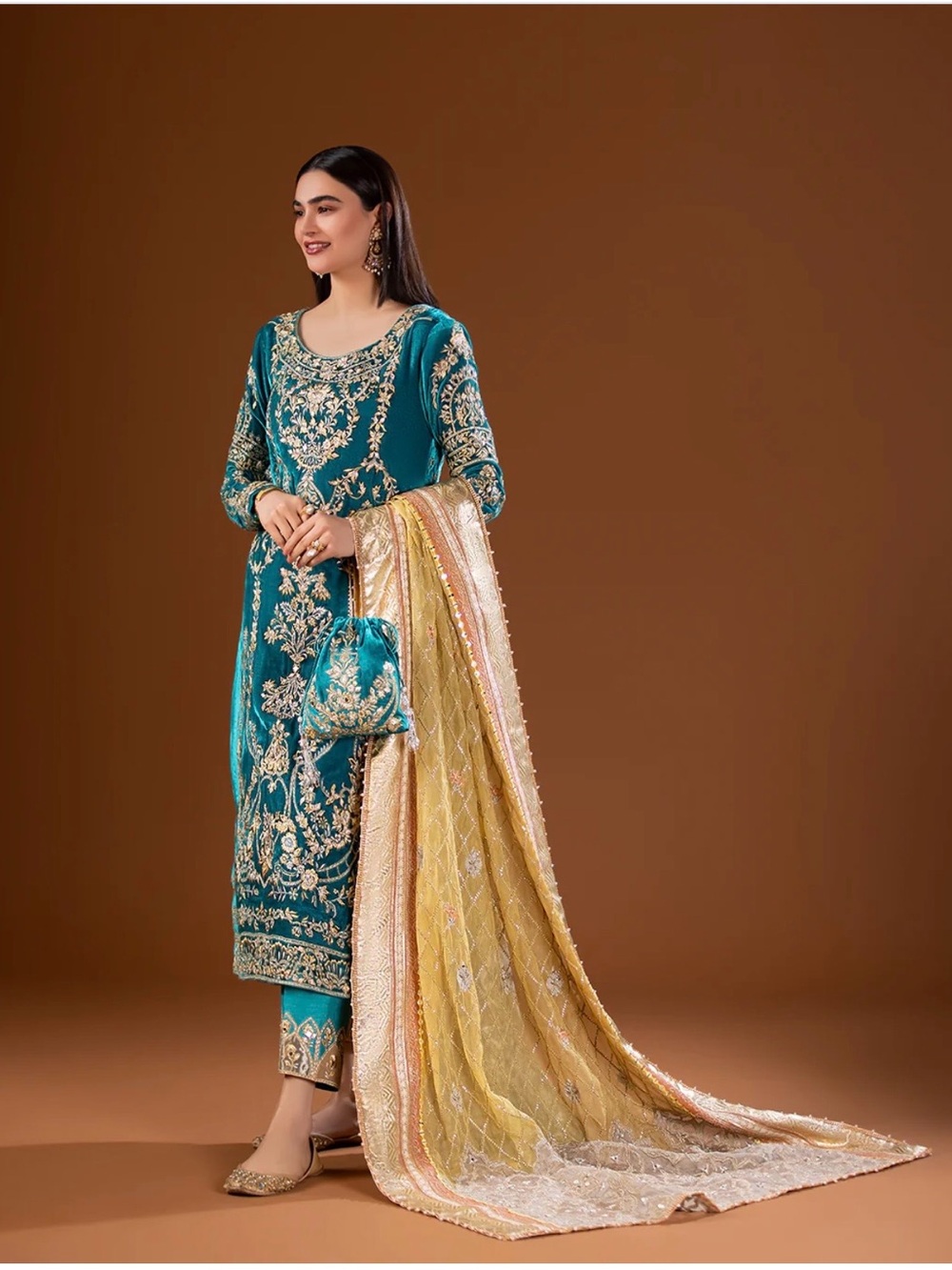 Embroidered Teal Velvet Salwar Kameez with Gold-Beige Dupatta